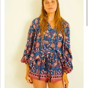 Natalie Martin Blue Floral V-Neck Blouse with Pink Accents